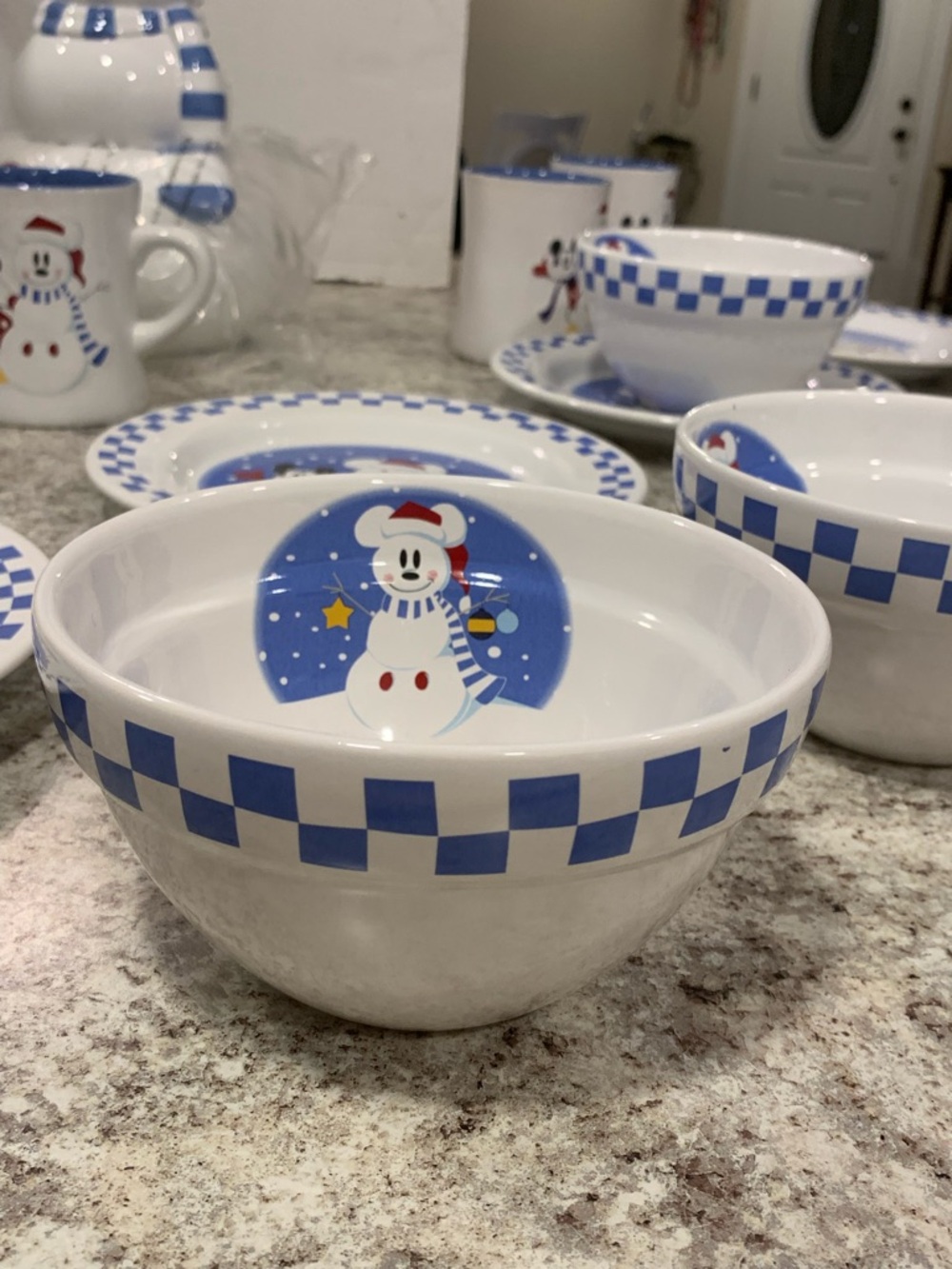 Disney Store Snowman Mickey Mouse Blue Checkered Christmas 6” Bowl